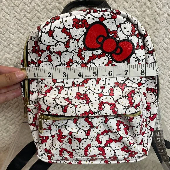 Sanrio Hello Kitty White Leather Mini Backpack‎ Black Pattern Red Bow Kawaii - Picture 9 of 11